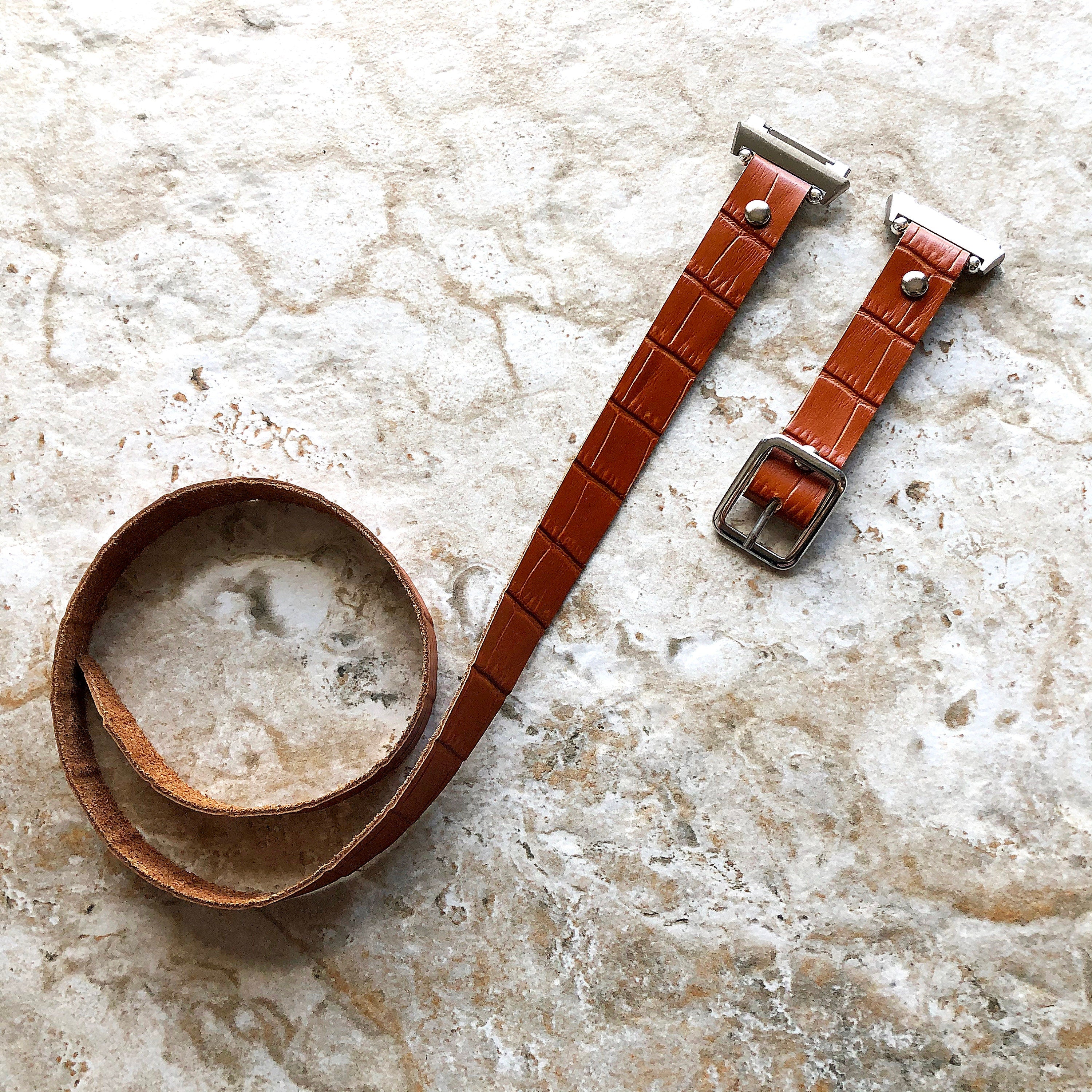 Fitbit Ionic Smartwatch Brown Crocodile Alligator Pattern Embossed Leather Bracelet Band Triple Wrap Around Wrist Strap Silver Rose Gold